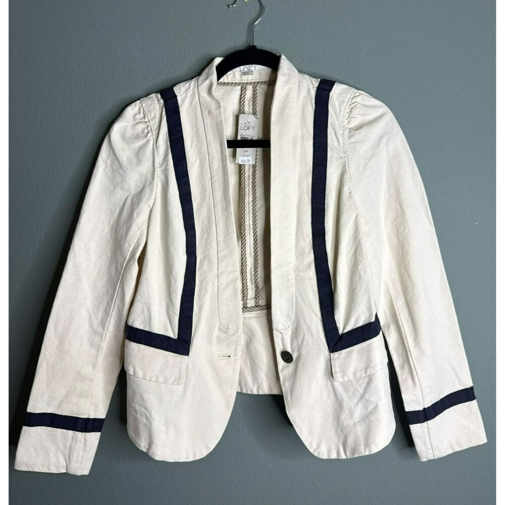 LOFT 6 Petite Preppy Cream Black Trim Blazer Jacket Spring Summer
